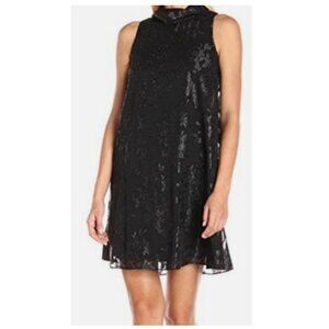 💖 Ivanka Trump Black Sheer Overlay Sleeveless Floral Trapeze Mock Neck Dress